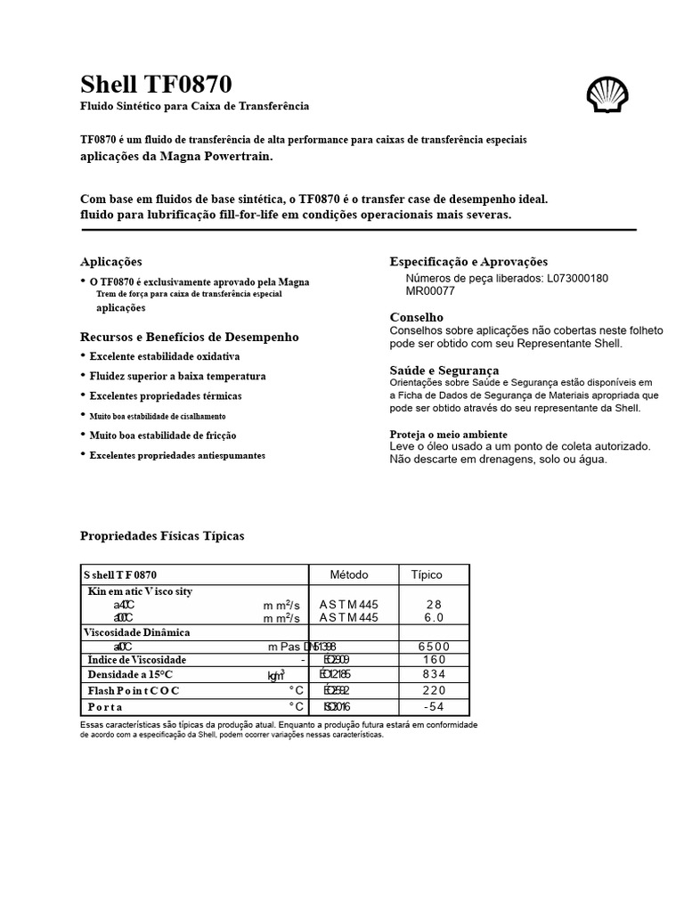Folha de Dados Do Material Shell Oil TF 0870 | PDF | Óleo de motor