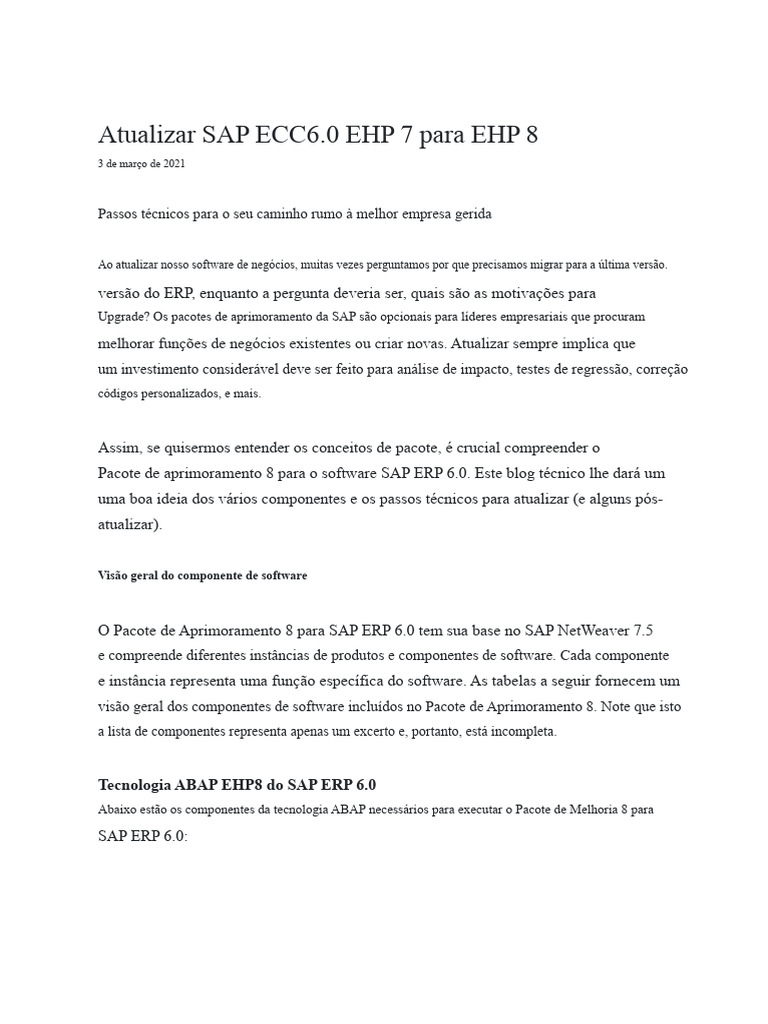 Atualização SAP ECC 6.0 EHP 7 para EHP 8 | PDF | Bancos de dados ...
