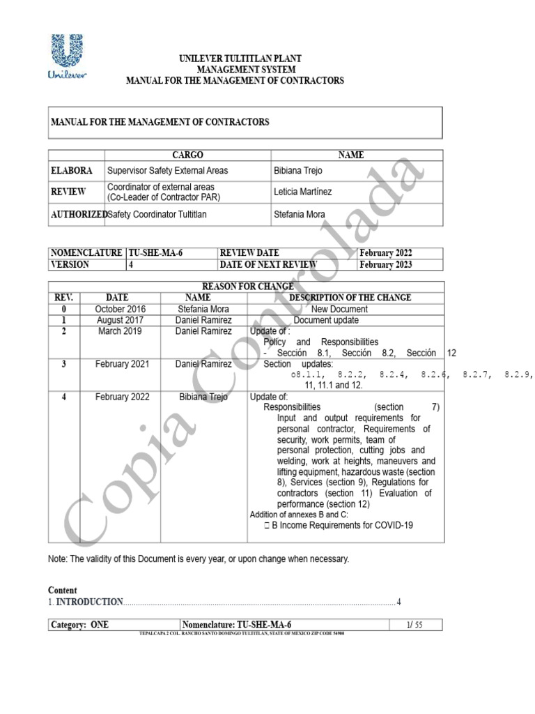 Unilever Tultitlan Contractor Management Manual | PDF