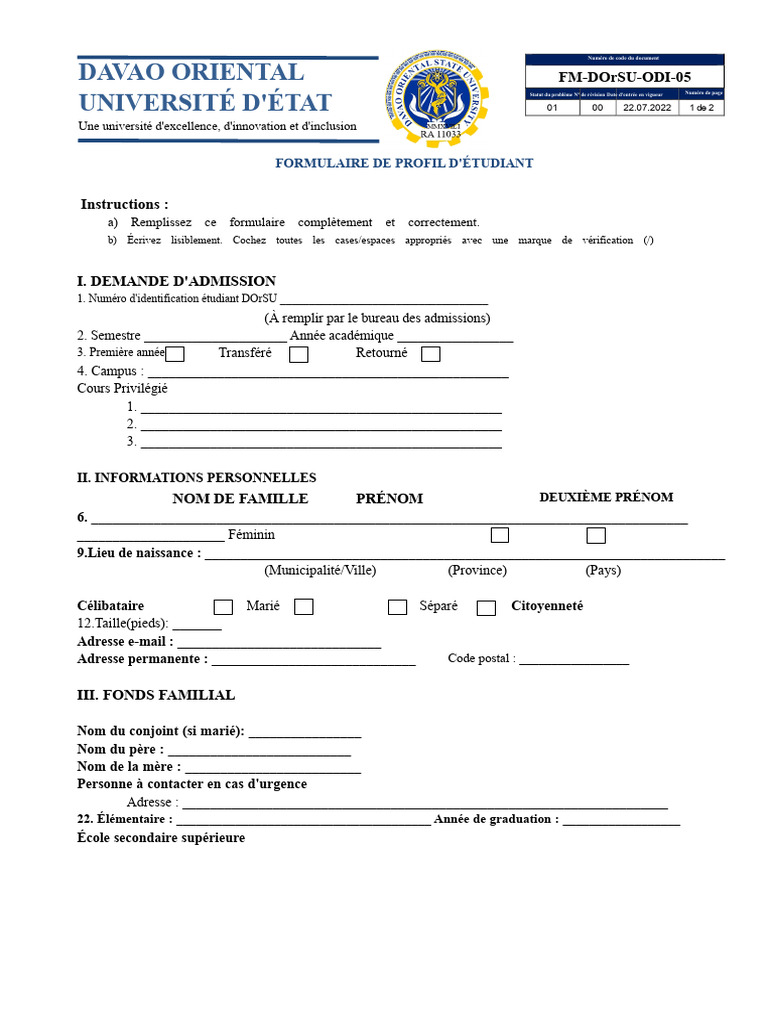 Formulaire d'admission étudiant DOrSU | PDF | Invalidité