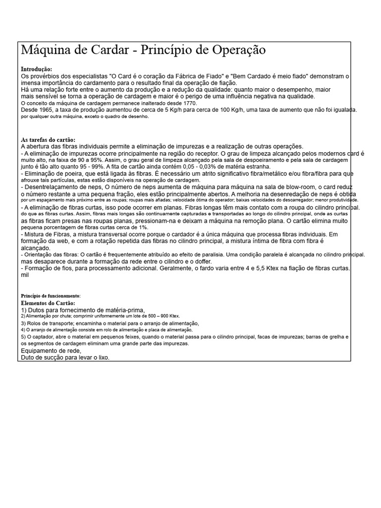 Máquina de Cardar - Princípio de Funcionamento | PDF | Fiação (têxtil ...