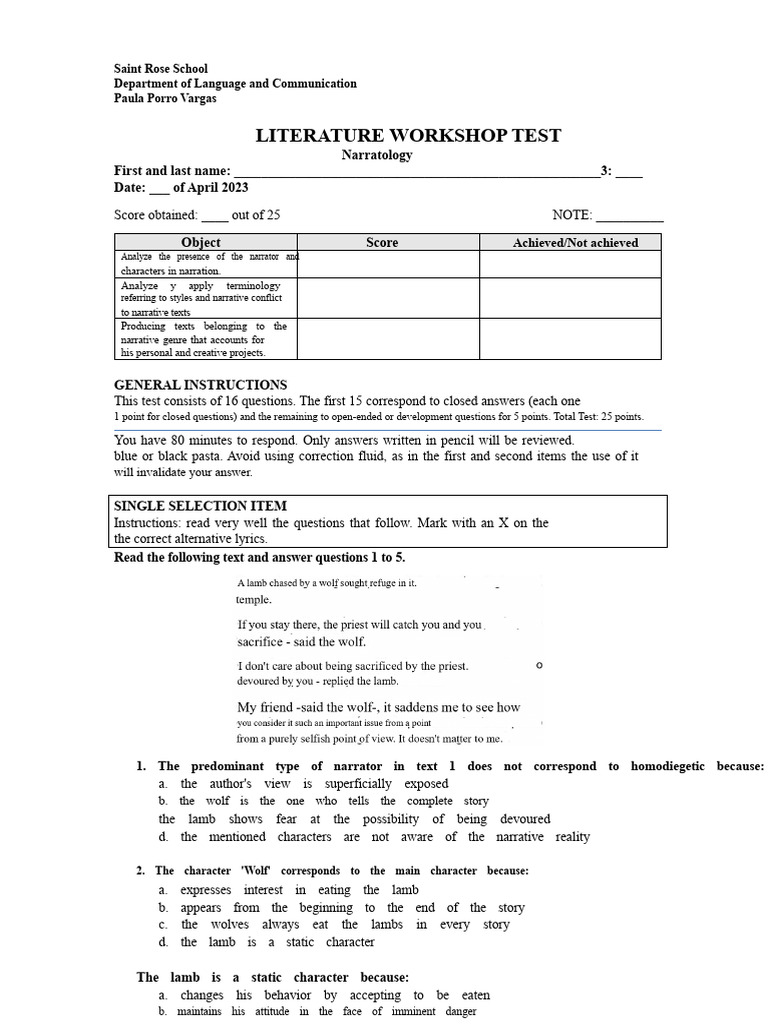 Literature Workshop Narratology Test | PDF | Narrative | Multiple Choice