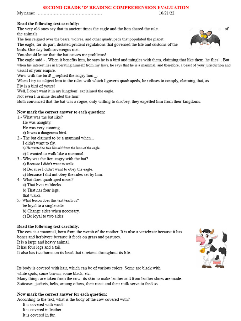 Second Grade Reading Comprehension Assessment | PDF | Mammals | Reading