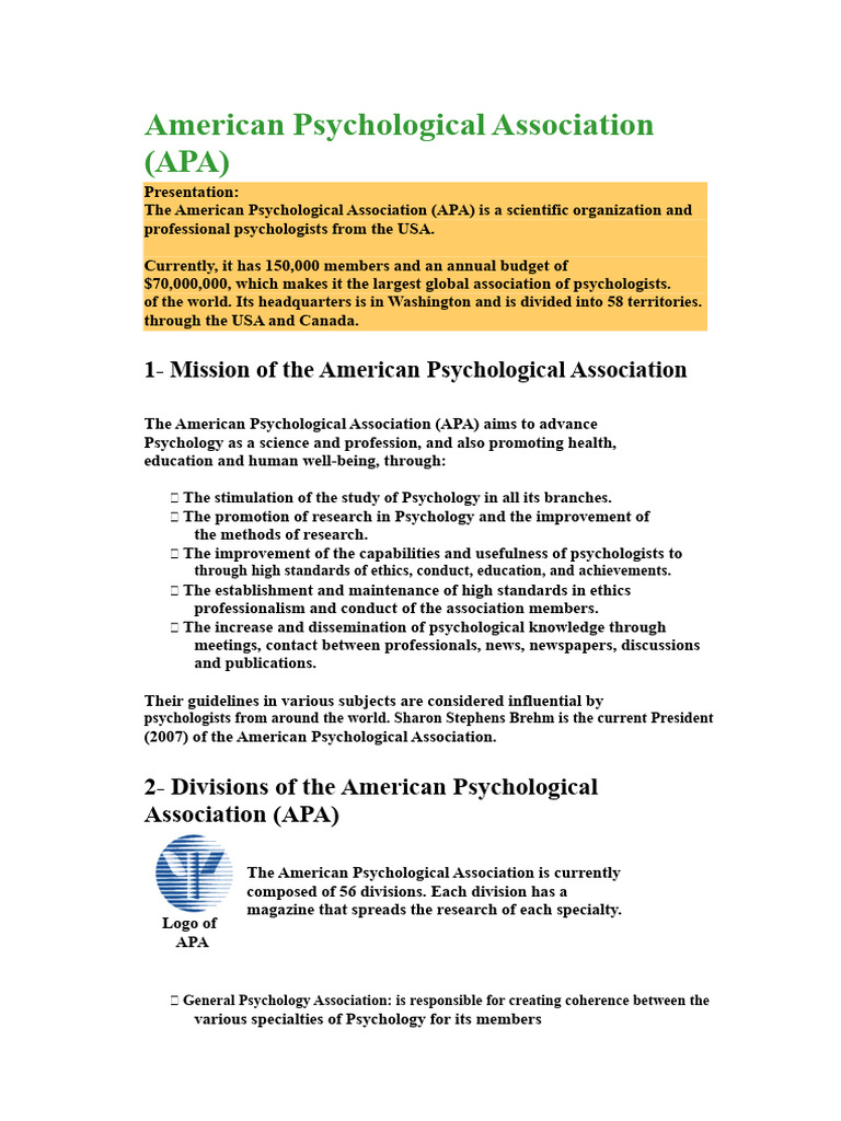 Overview of the American Psychological Association | PDF | Psychology ...