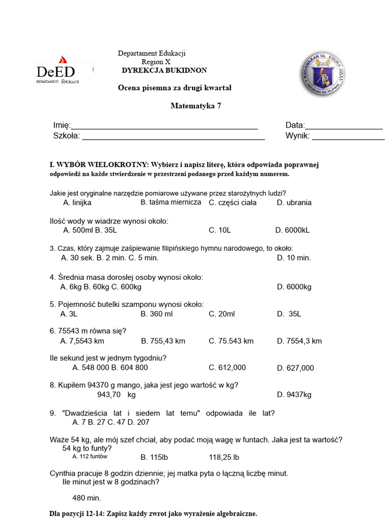 Test Pisemny Z Matematyki Dla Klasy 7 - II Kwartał | PDF