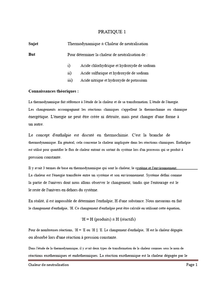 Chaleur de Neutralisation en Thermodynamique | PDF | Enthalpie | Chaleur