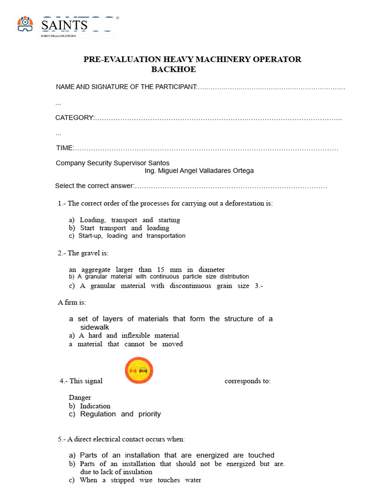 Pre-Evaluation for Heavy Machinery Operators | PDF | Truck | Engines