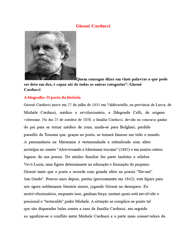 Biografia de Giosuè Carducci: Poeta Italiano | PDF | Poesia | Itália