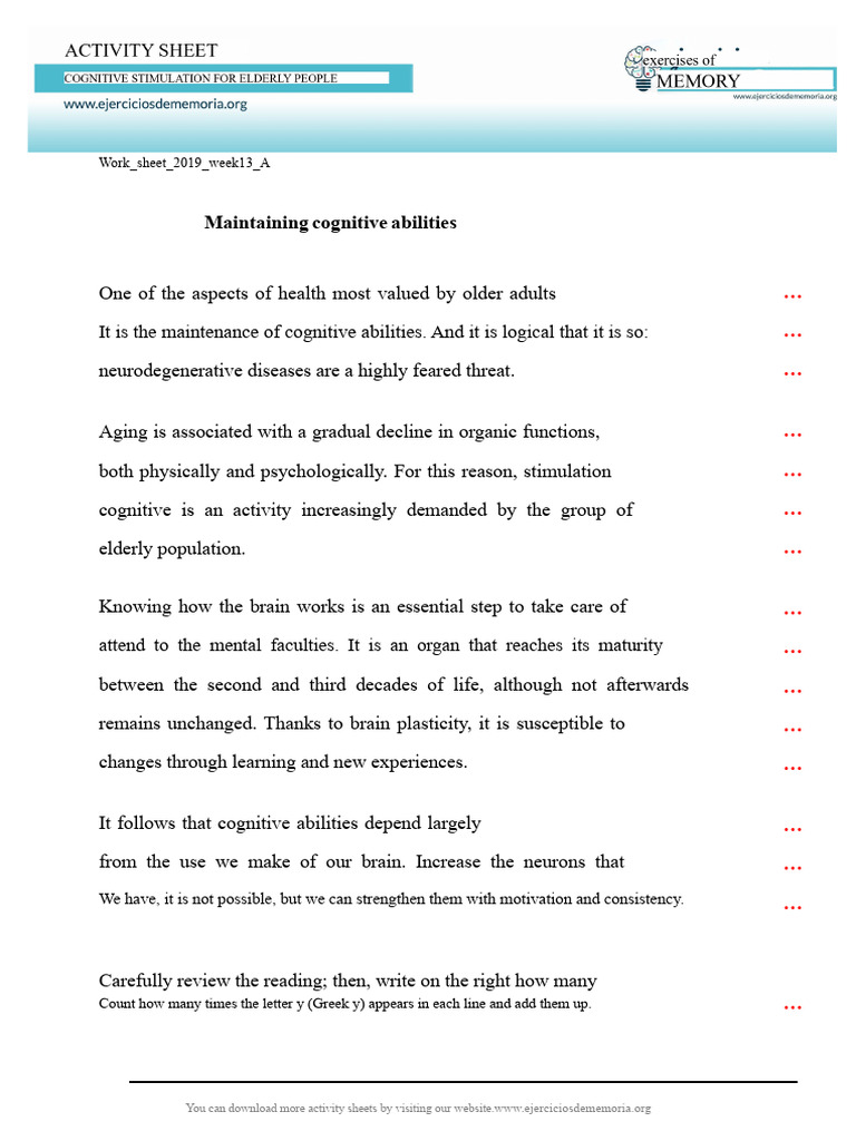 Work Sheet 2019 Week 13 | PDF | Cognition | Ageing