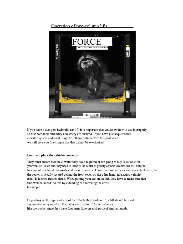 Two-Post Lift Operation Guide | PDF | Elevator | Car