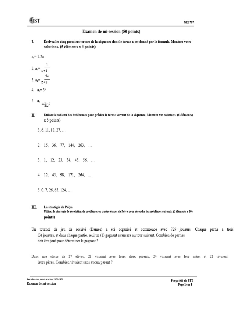 Examen de mi-session en mathématiques | PDF