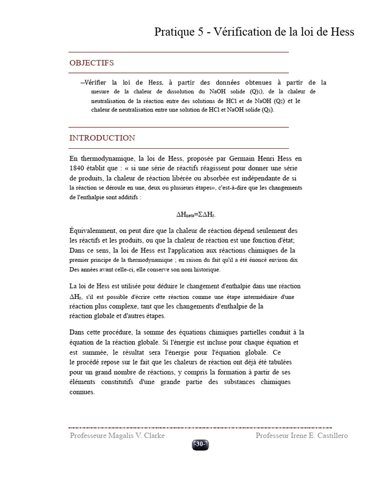 Laboratoire de Chimie Pratique 5 Lois de Hess | PDF | Chaleur ...