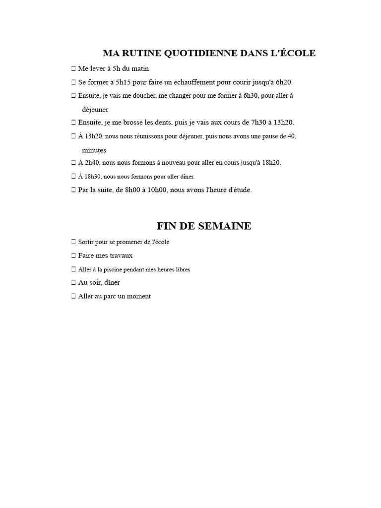 Routine quotidienne à l'école et week-end | PDF