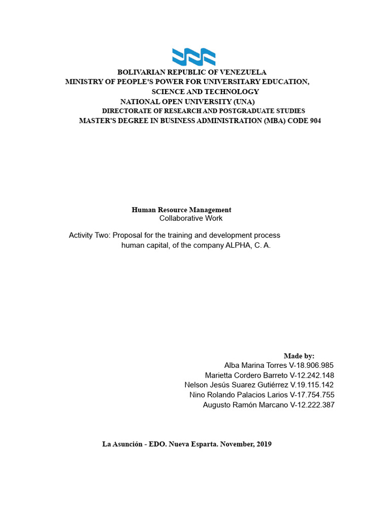 HR Training Proposal for ALPHA, C.A. | PDF | Human Resource Management ...