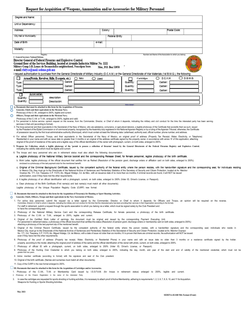 Military Firearm Acquisition Request | PDF | Caliber | Identity Document
