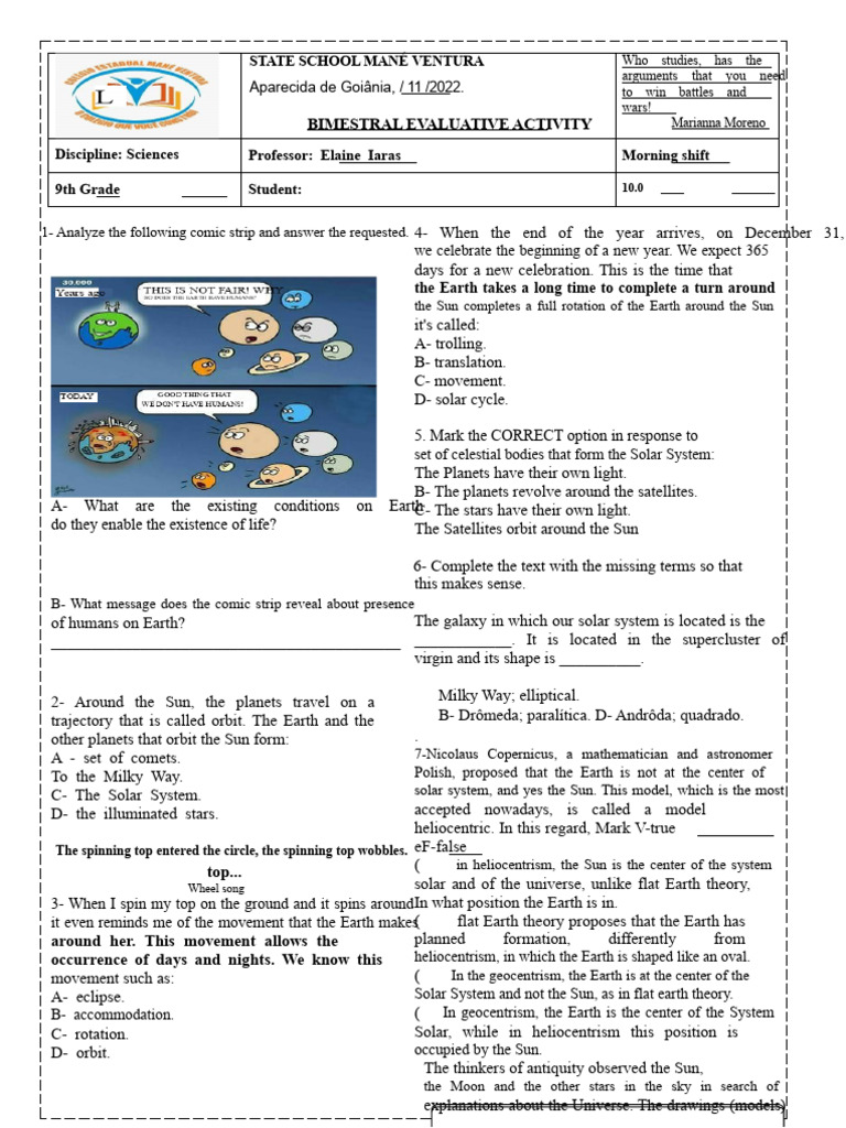 Evaluation Sciences 3rdterm 9thgrade | PDF | Heliocentrism | Solar System