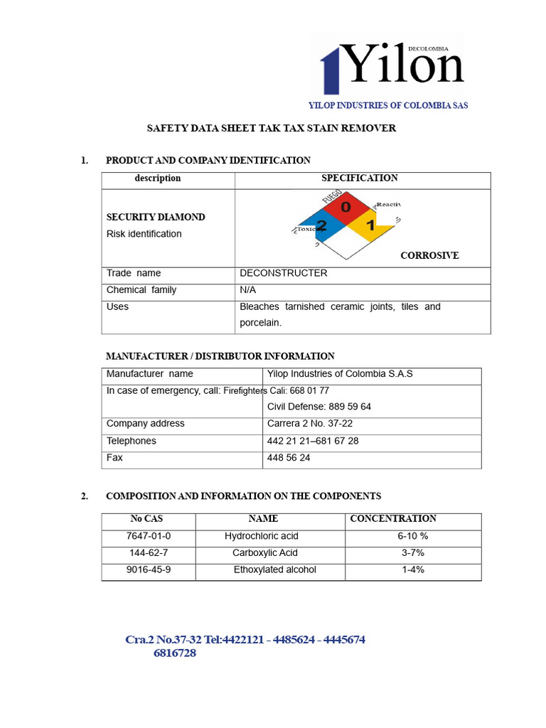 Safety Data Sheet Tak-Tax Stain Remover 2016 | PDF | Dangerous Goods ...