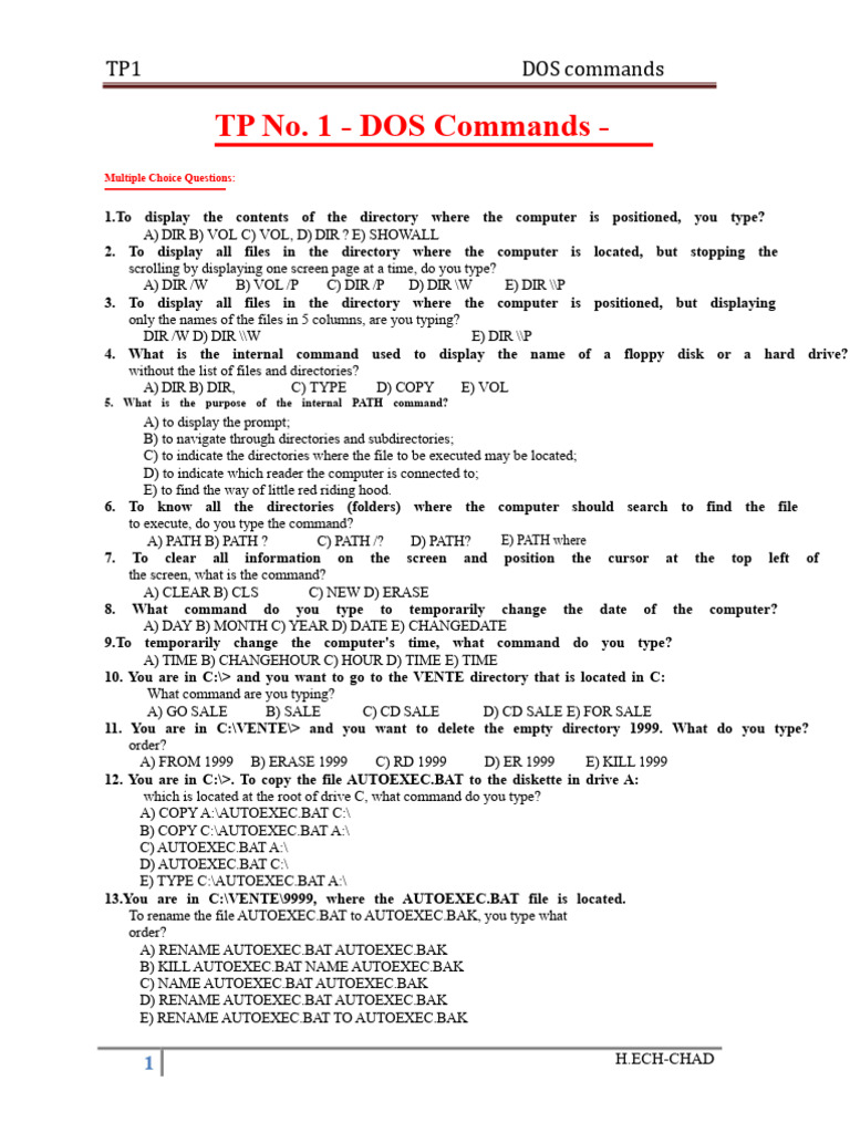 DOS Commands Multiple Choice Quiz | PDF | Directory (Computing ...