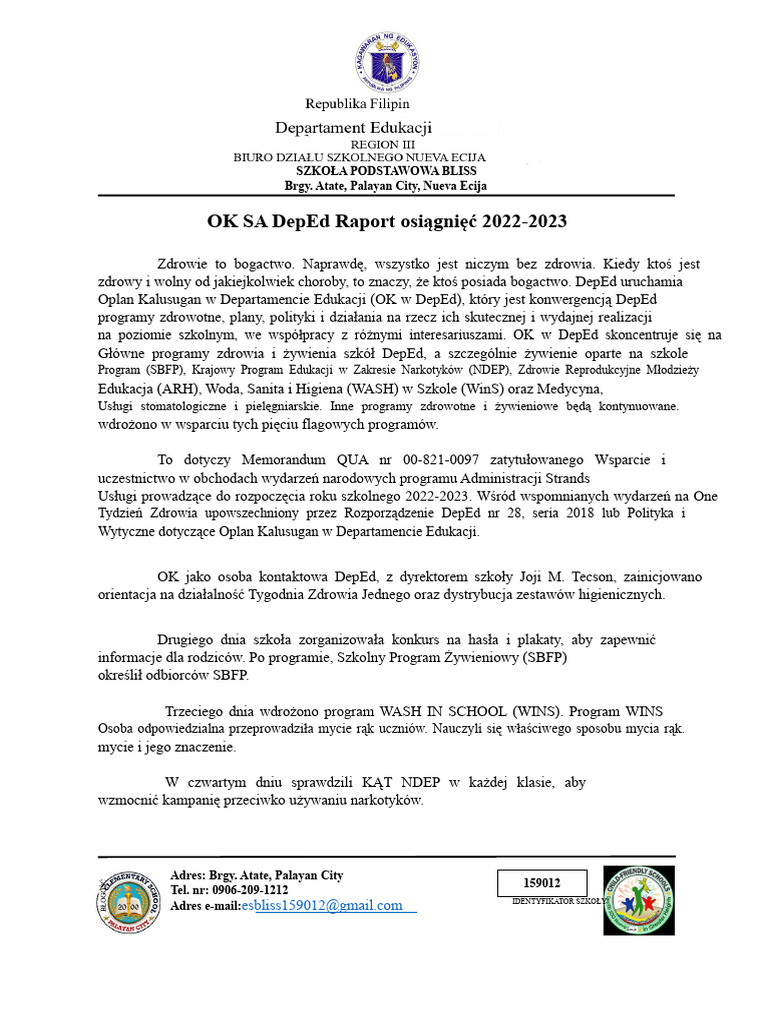Ok, Raport Osiągnięć Deped. | PDF