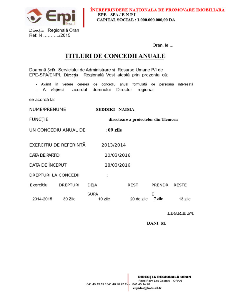 Titlu de Concediu TEBBOUNE | PDF