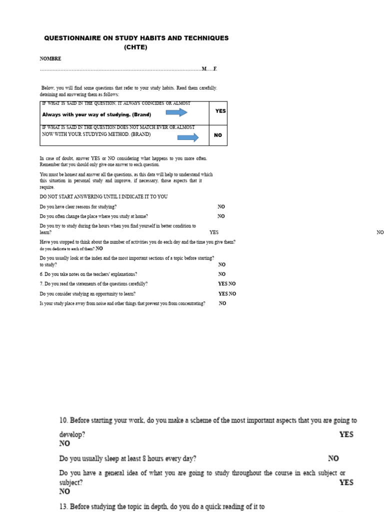 Study Habits and Techniques Questionnaire | PDF | Cognition | Learning