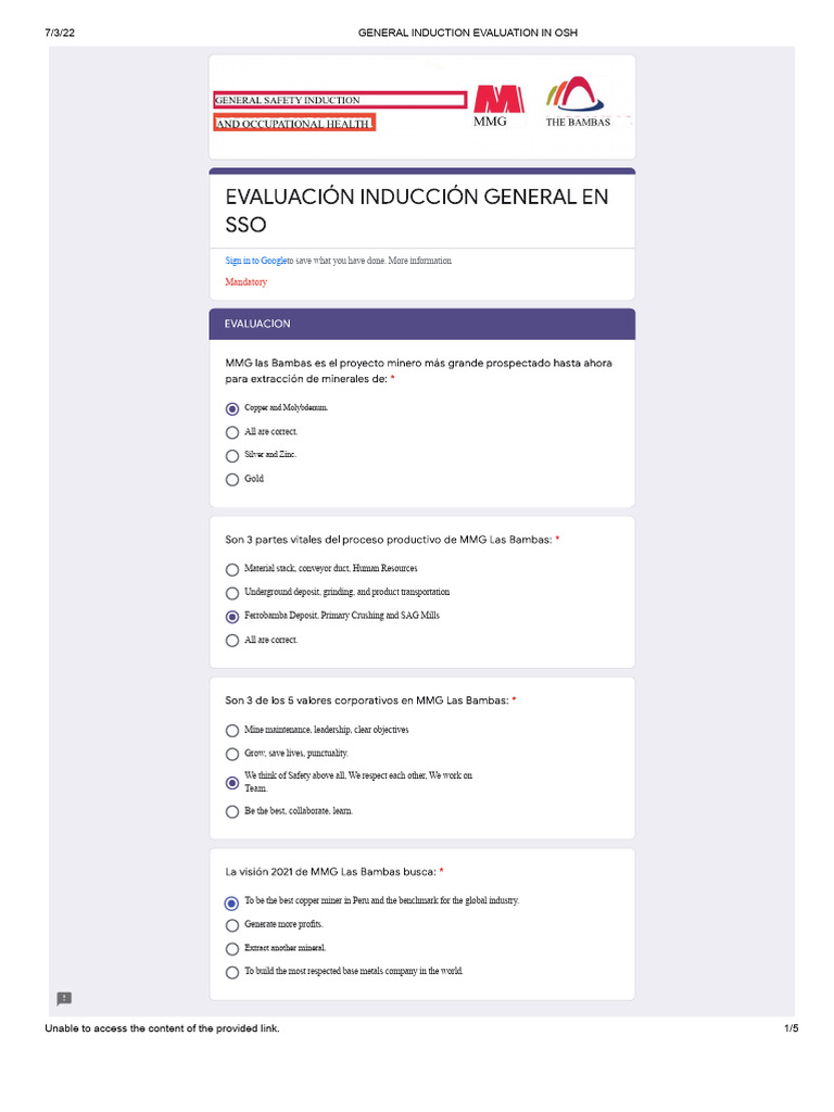 General Sso Induction Evaluation | PDF | Mining | Personal Protective ...