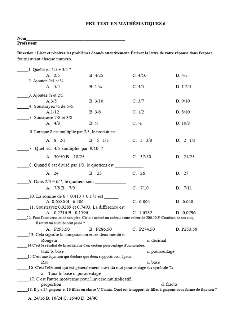Pré-test de mathématiques niveau 6 | PDF | Triangle | Pourcentage