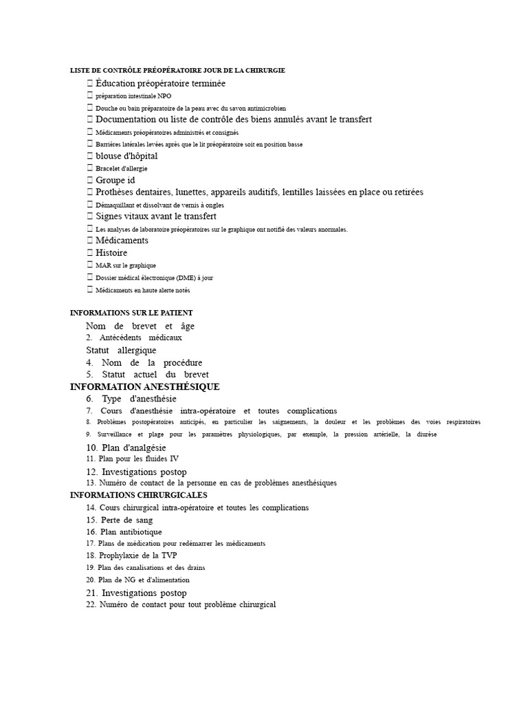 Liste de contrôle préopératoire complète | PDF | Chirurgie | Anesthésie