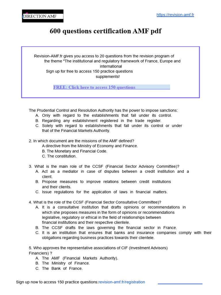 AMF Certification Practice Questions Guide | PDF | Banks | Mediation