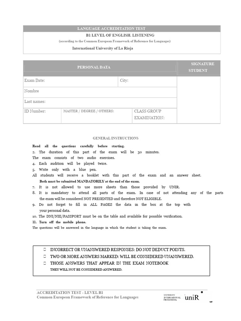 B1 English Listening Test Instructions | PDF | Multiple Choice