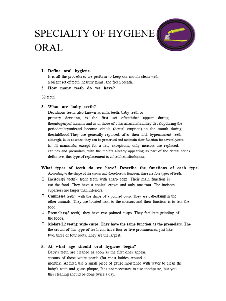 Oral Hygiene Specialty | PDF | Human Tooth | Oral Hygiene