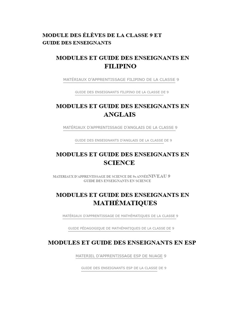 Modules et Guides pour la Classe 9 | PDF