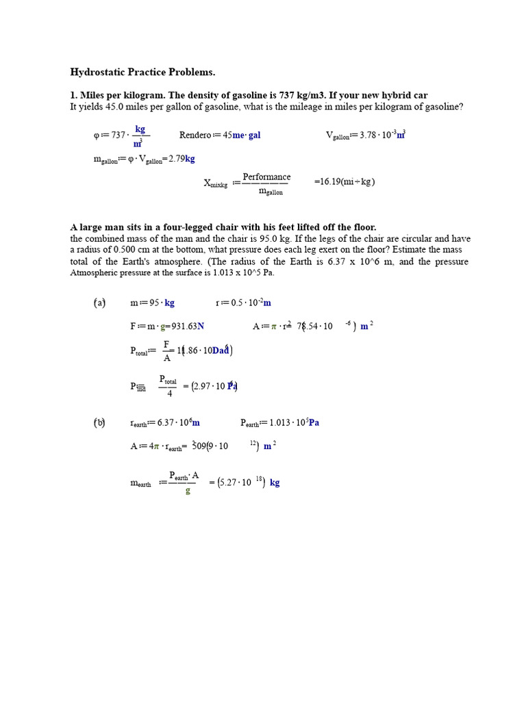 Hydrostatic Practice Problems Solutions | PDF | Pressure | Reynolds Number