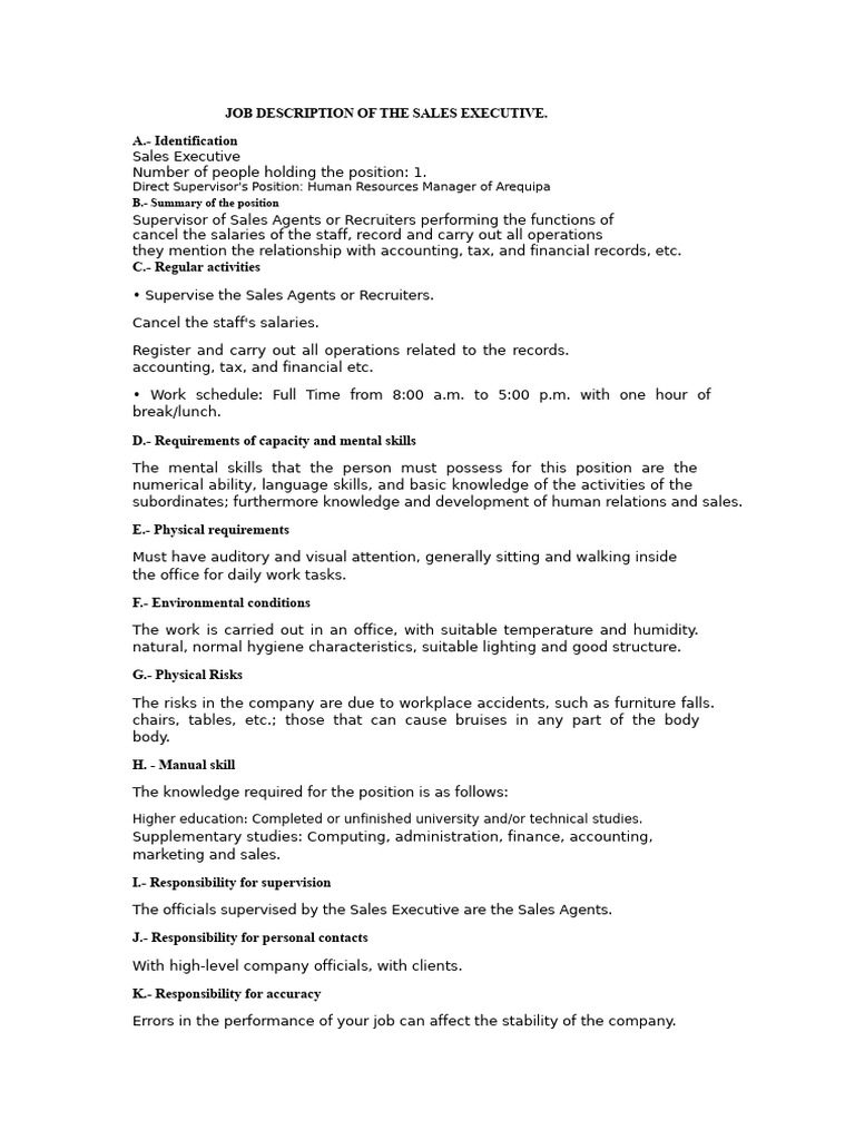 Job Description of The Sales Executive | PDF | Human Resources | Business