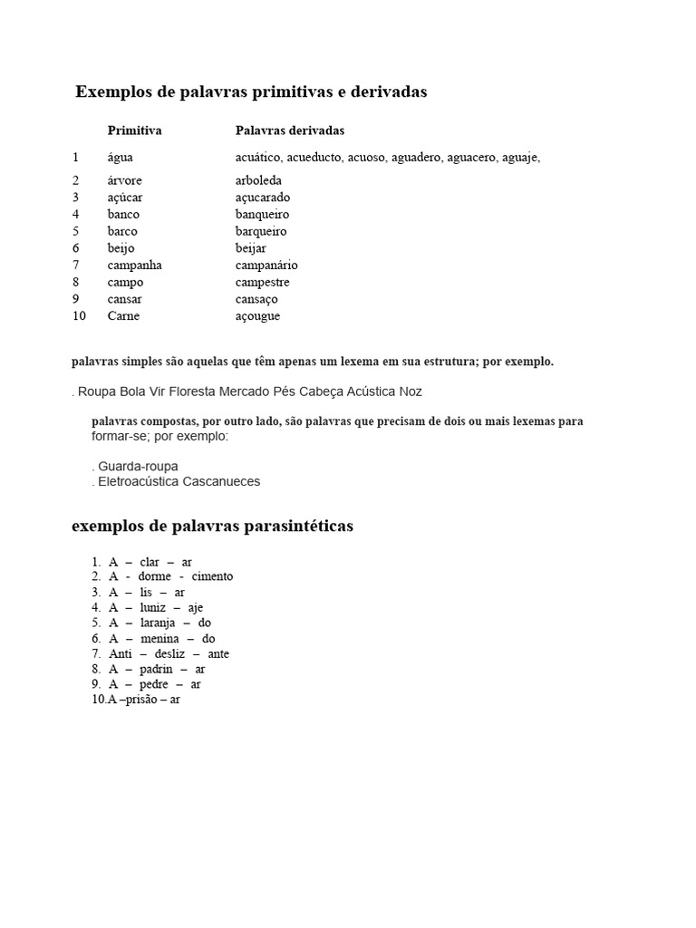 Exemplos de Palavras Primitivas e Derivadas | PDF