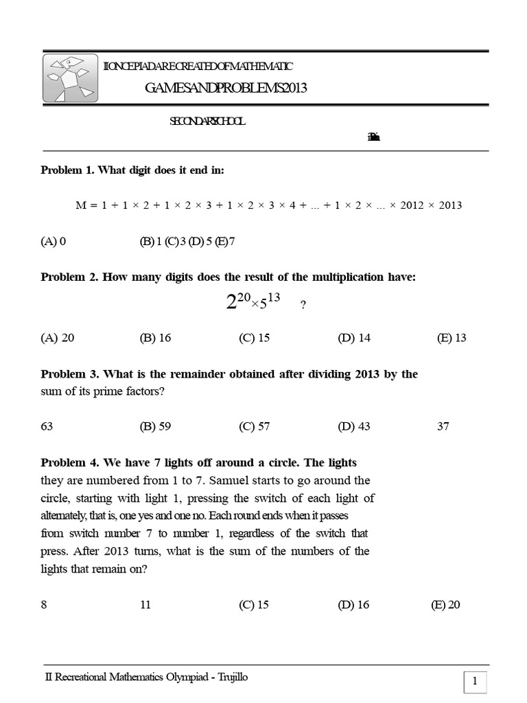 Secondary Math Olympiad Problems 2013 | PDF | Numbers | Integer
