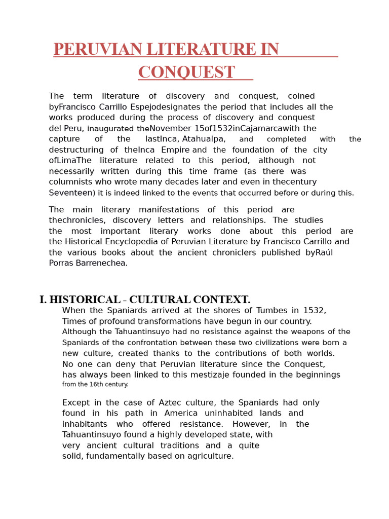 Peruvian Literature in The Conquest | PDF | Peru | Spanish Colonization ...