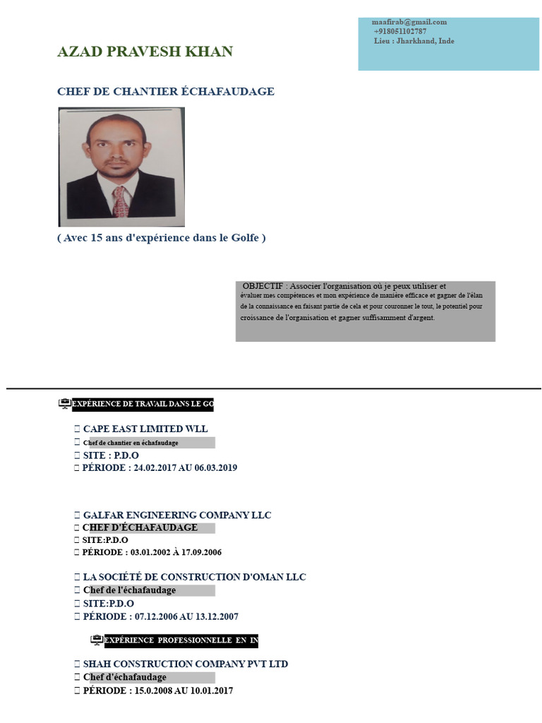 CV d'Azad Pravesh Khan, Chef de Chantier | PDF