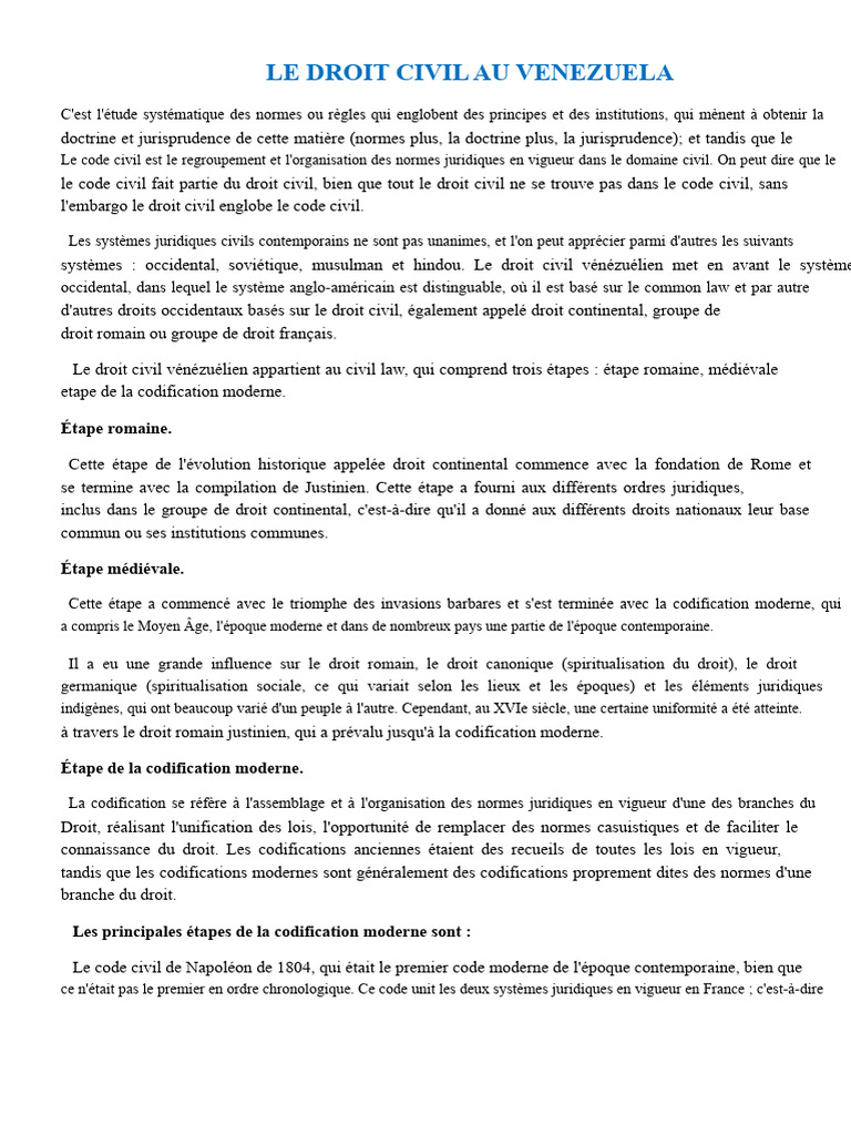 Droit civil vénézuélien : principes et codes | PDF | Codification ...