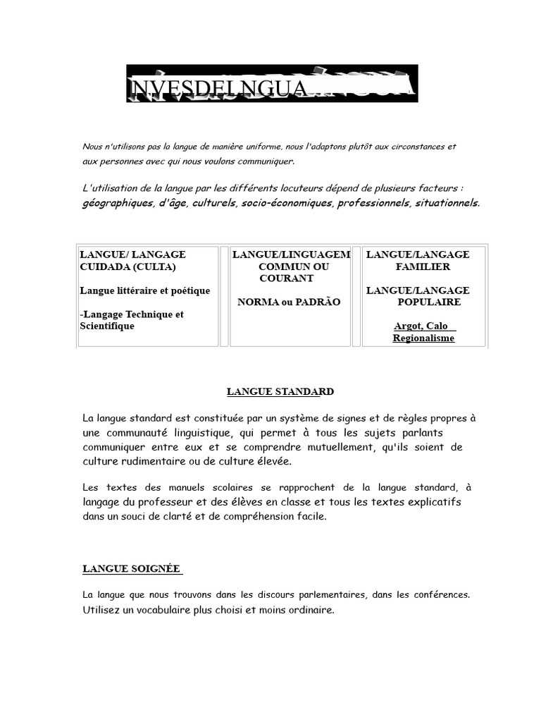Niveaux de langue et variations linguistiques | PDF | Linguistique ...