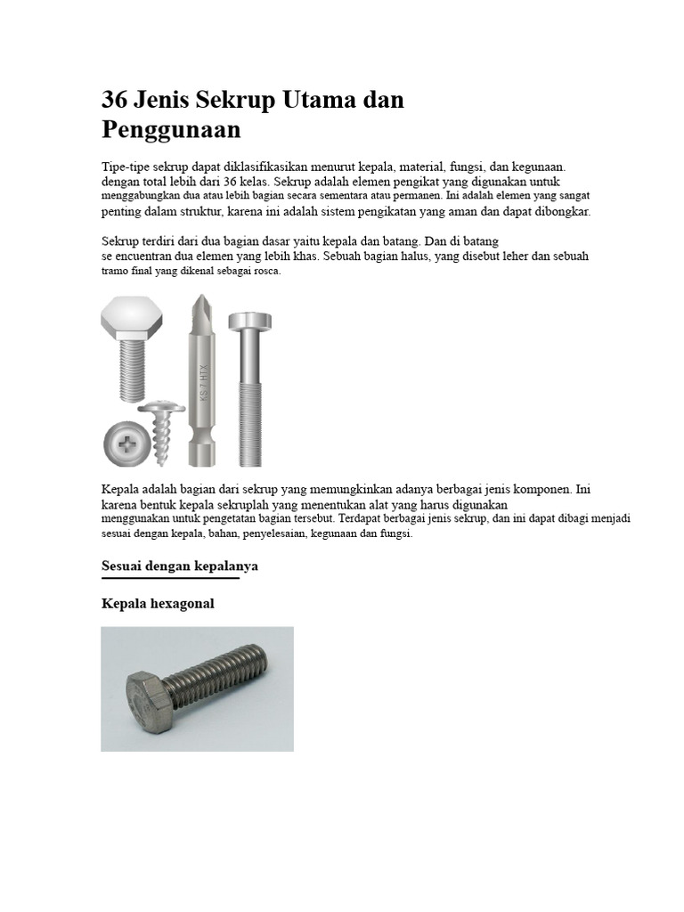 Jenis-Jenis Sekrup dan Fungsinya | PDF