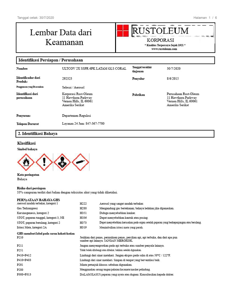 Msds Aerosol Ultra Cover 2x Rust Oleum Coral | PDF