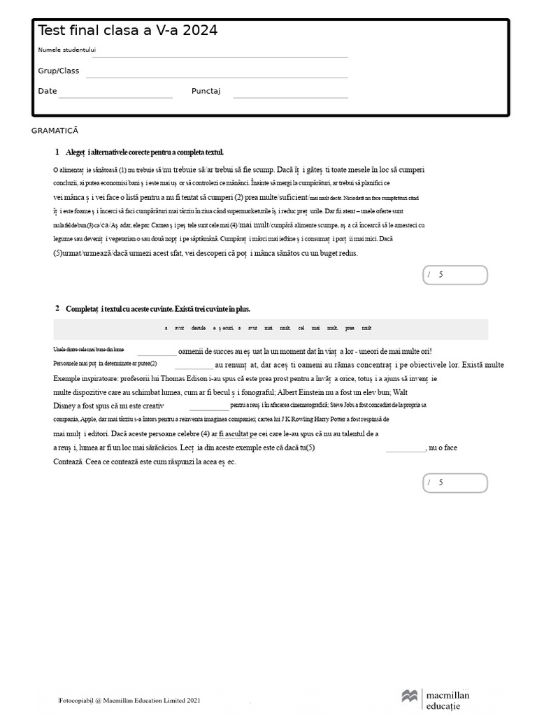 Test Final Clasa A 5-A 2024 | PDF