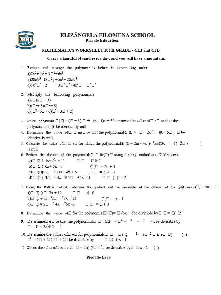Mathematics Activity Sheet 10th Grade | PDF | Polynomial | Mathematics