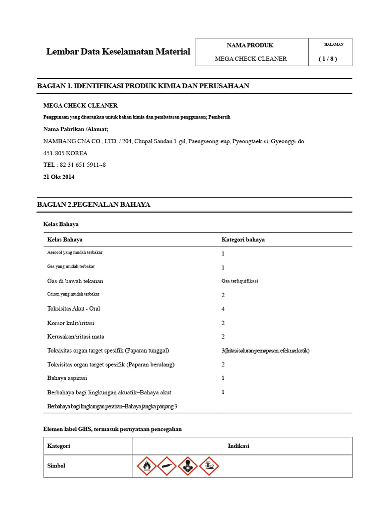 Mega - Check - Cleaner - MSDS Bahasa Inggris Ver | PDF