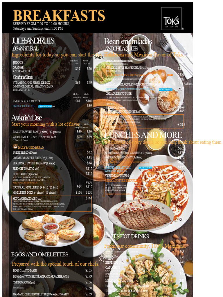 Breakfast and Lunch Menu at Toks | PDF | Mexican Cuisine | Soup
