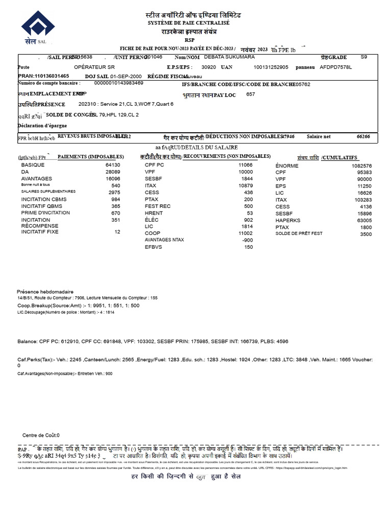 Fiche de Paie Novembre 2023 - RSP | PDF | Rémunération des salariés ...