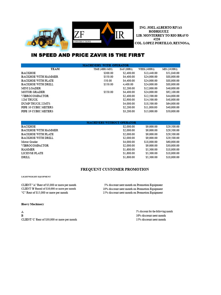 Heavy Machinery Rental Pricing Guide | PDF | Transport | Vehicles