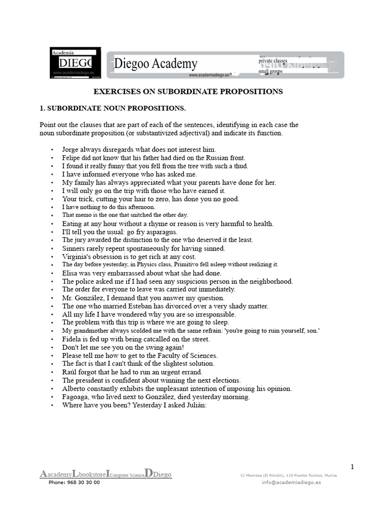 Subordinate Proposition Exercises | PDF | Linguistic Morphology | Syntax