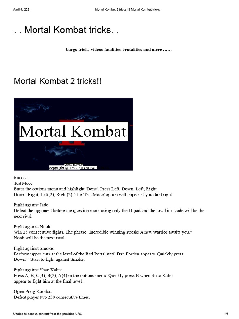 Mortal Kombat 2 Tricks and Tips | PDF